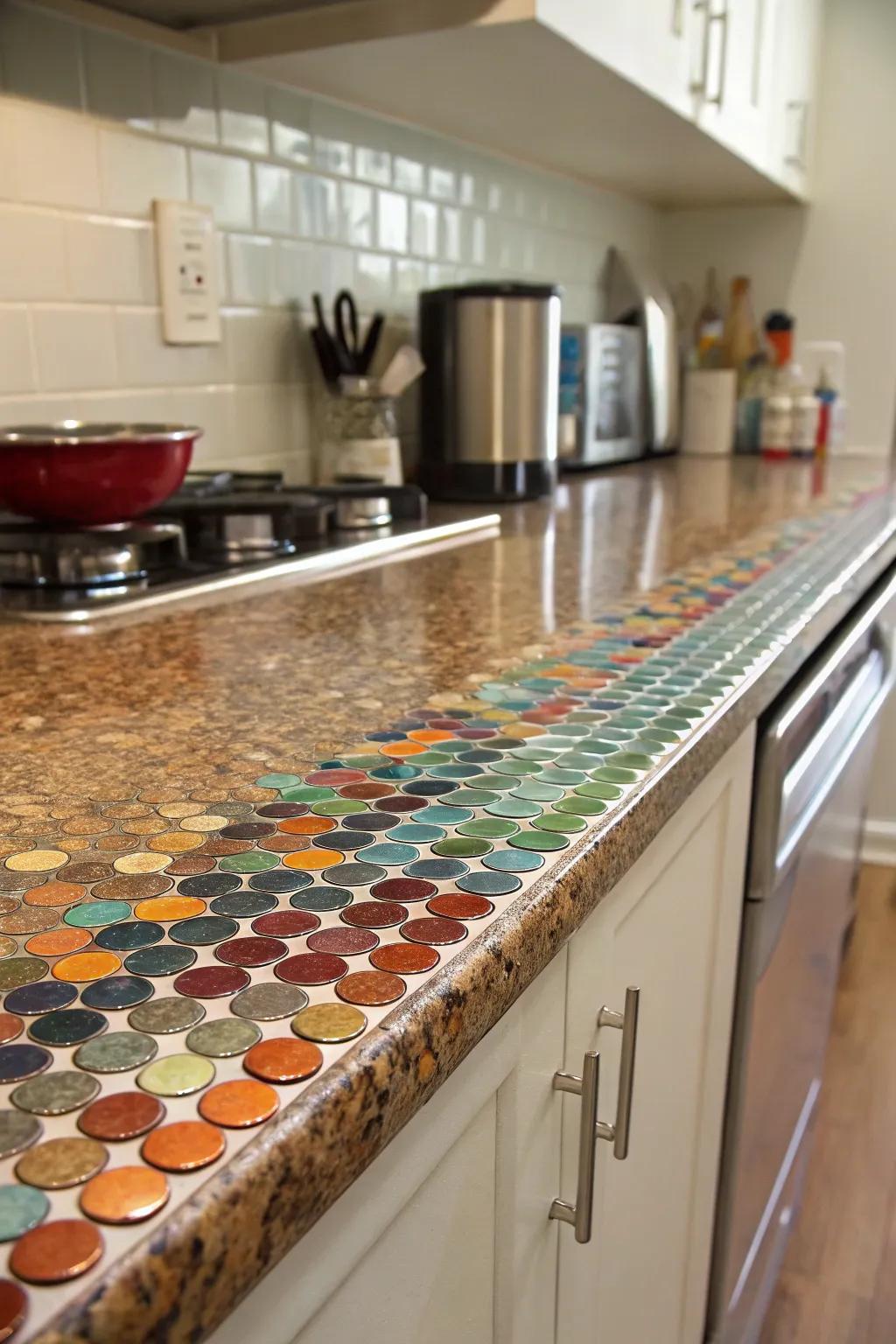 Round mosaic tiles bring a fun and dynamic character to this kitchen.