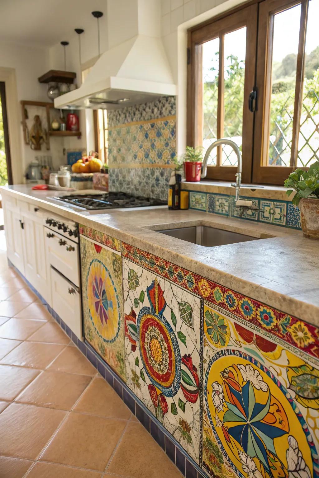 Vibrant complex tiles make this kitchen countertop a work of art.