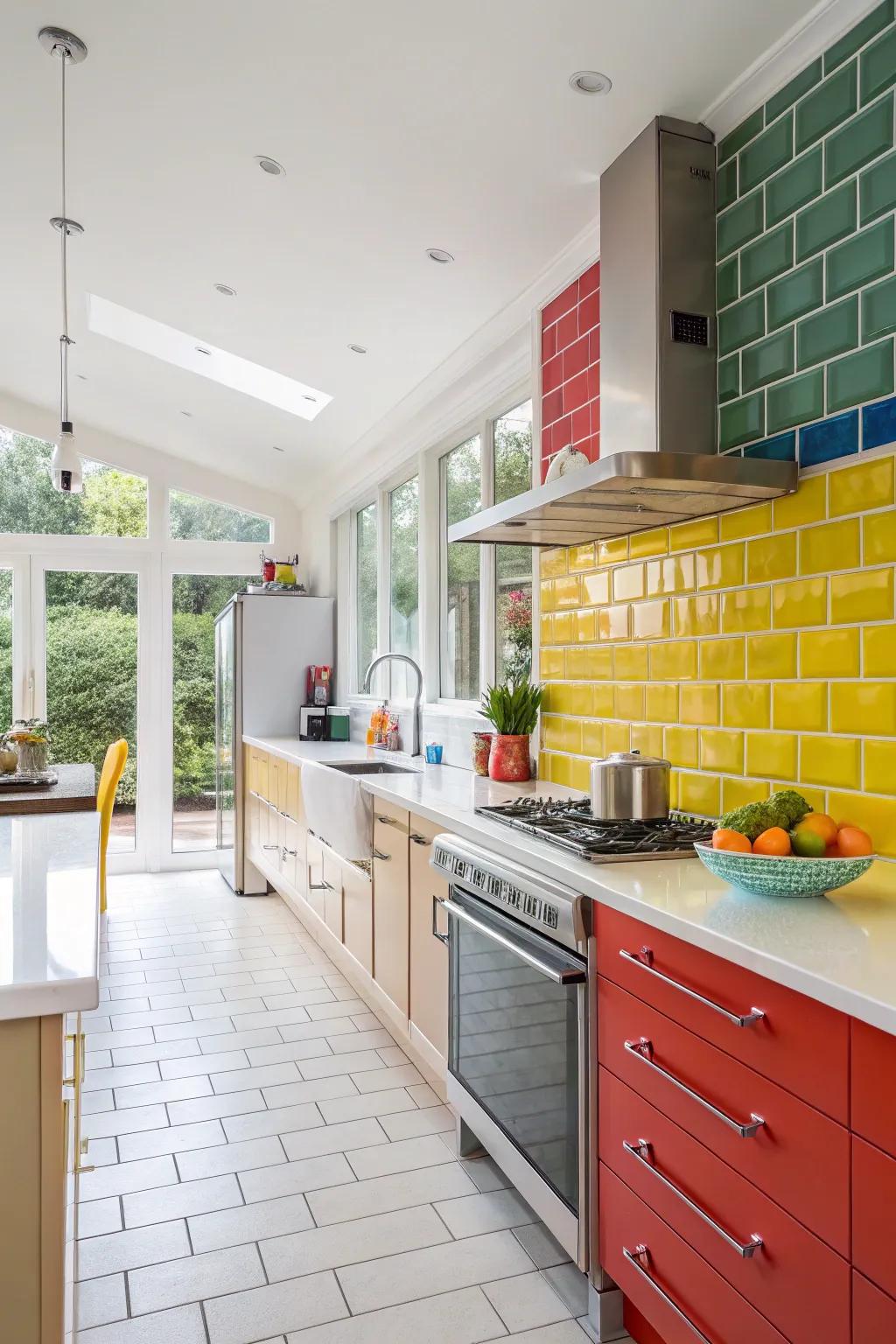 Brightly colored metro tiles give a modern twist to this kitchen.