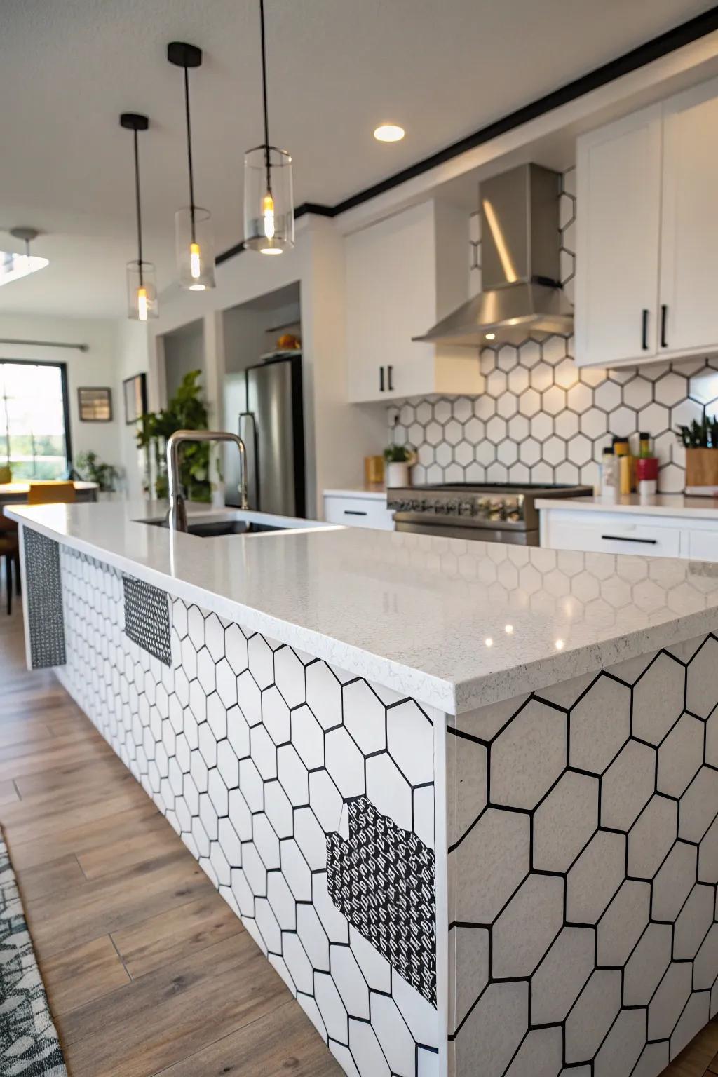 Geometric tiles add a geometric flair to this modern kitchen.