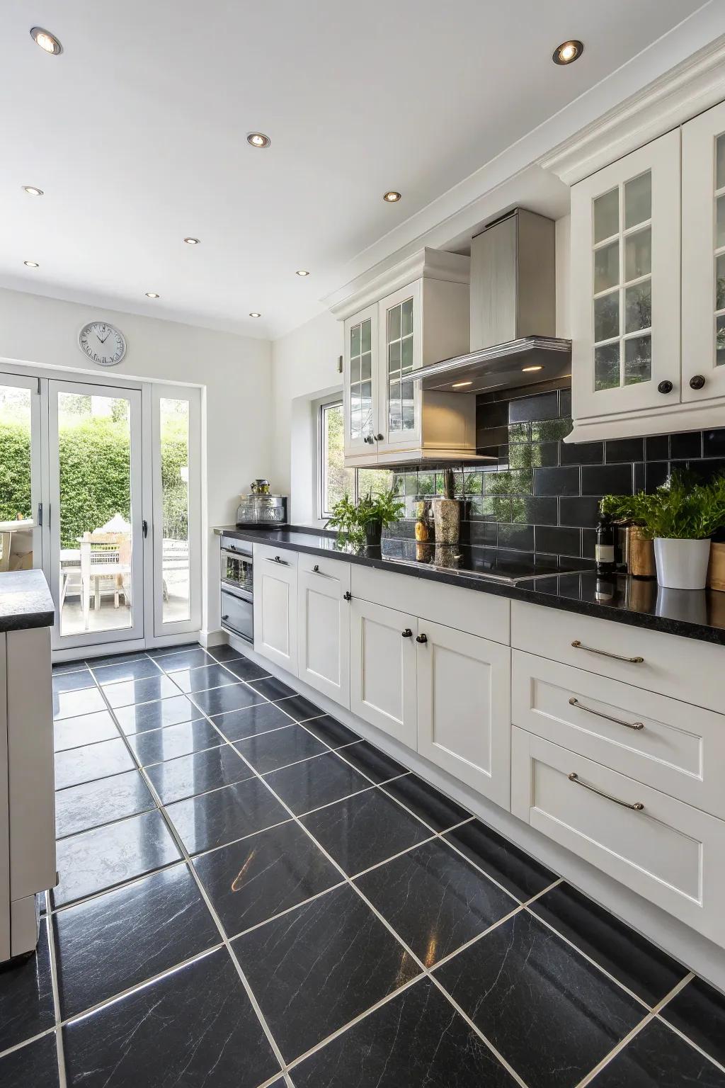 Striking dark tiles create a captivating contrast in this modern kitchen.