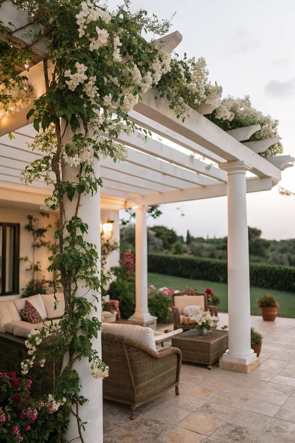 A pergola covered patio designs a quiet outdoor escape.