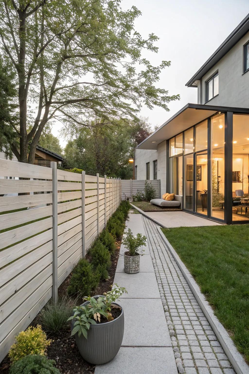 A contemporary horizontal slat fence creating a streamlined appearance.