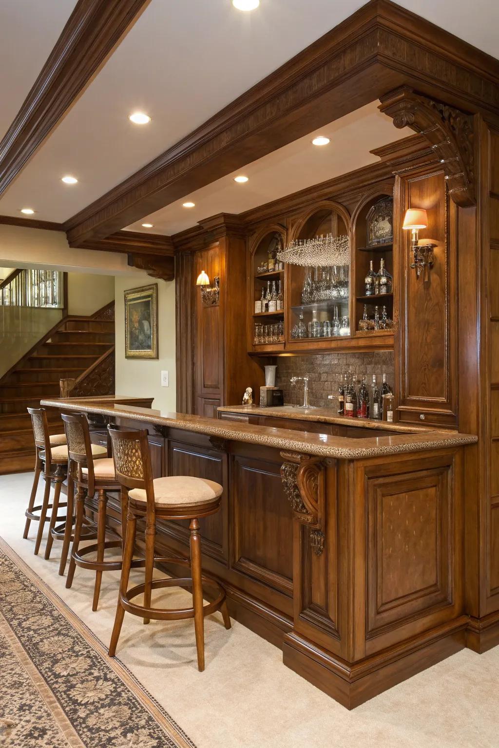 Deep wooden textures give warmth and elegance to any bar setting.