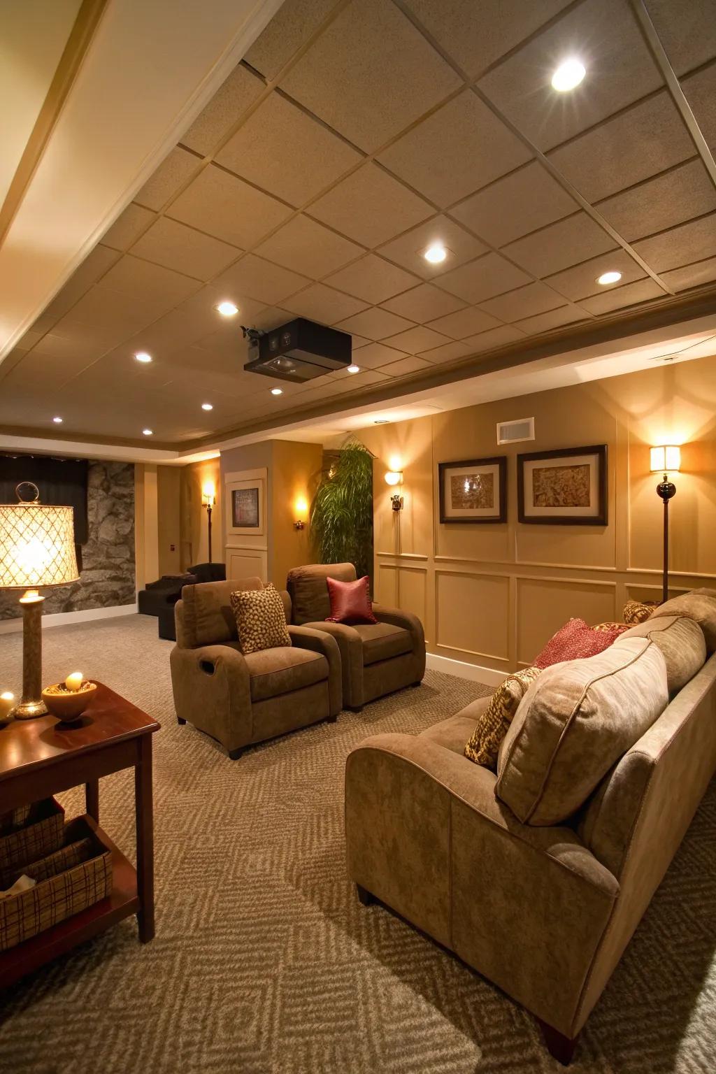 Ambient lighting blankets your basement in a snug and welcoming glow.