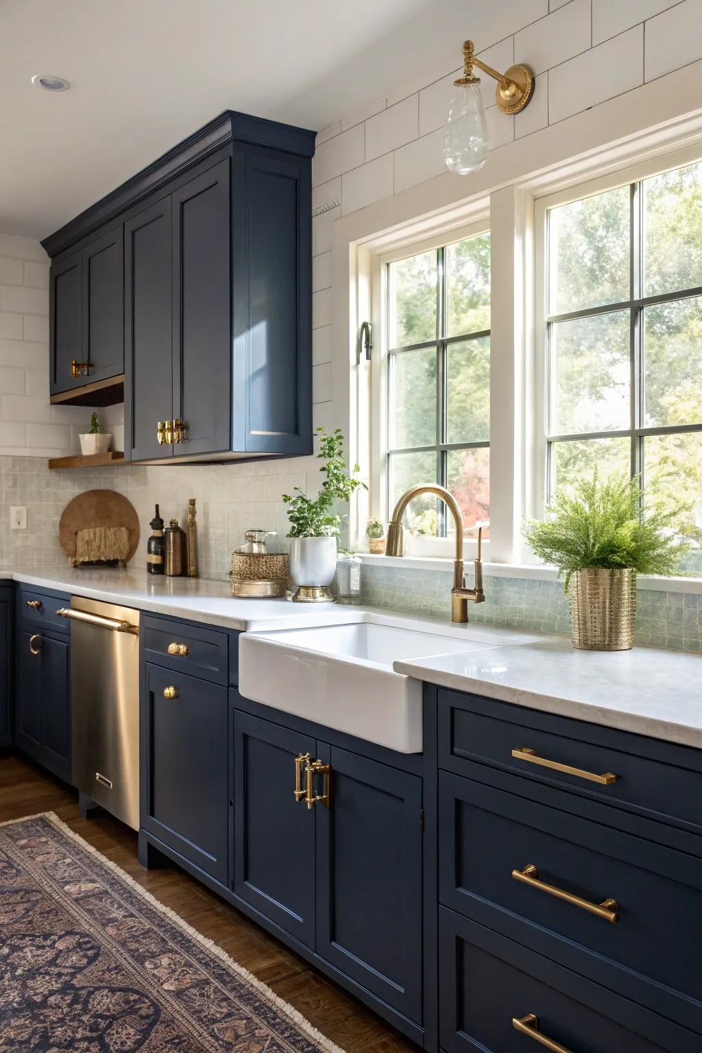 Elegant deep blue cabinets complemented by brass hardware for a luxurious ambiance.