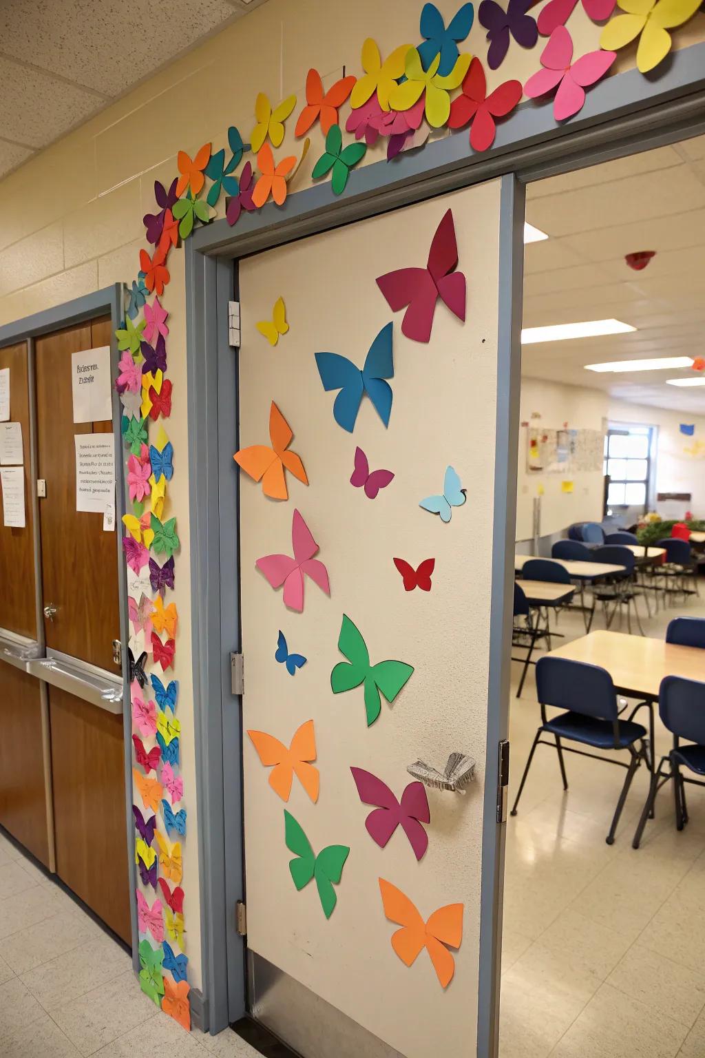 Brighten up your classroom door with a rainbow of butterfly cutouts.