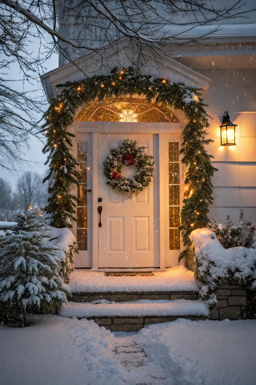 An inviting entrance decorated with a festive ring and garland.