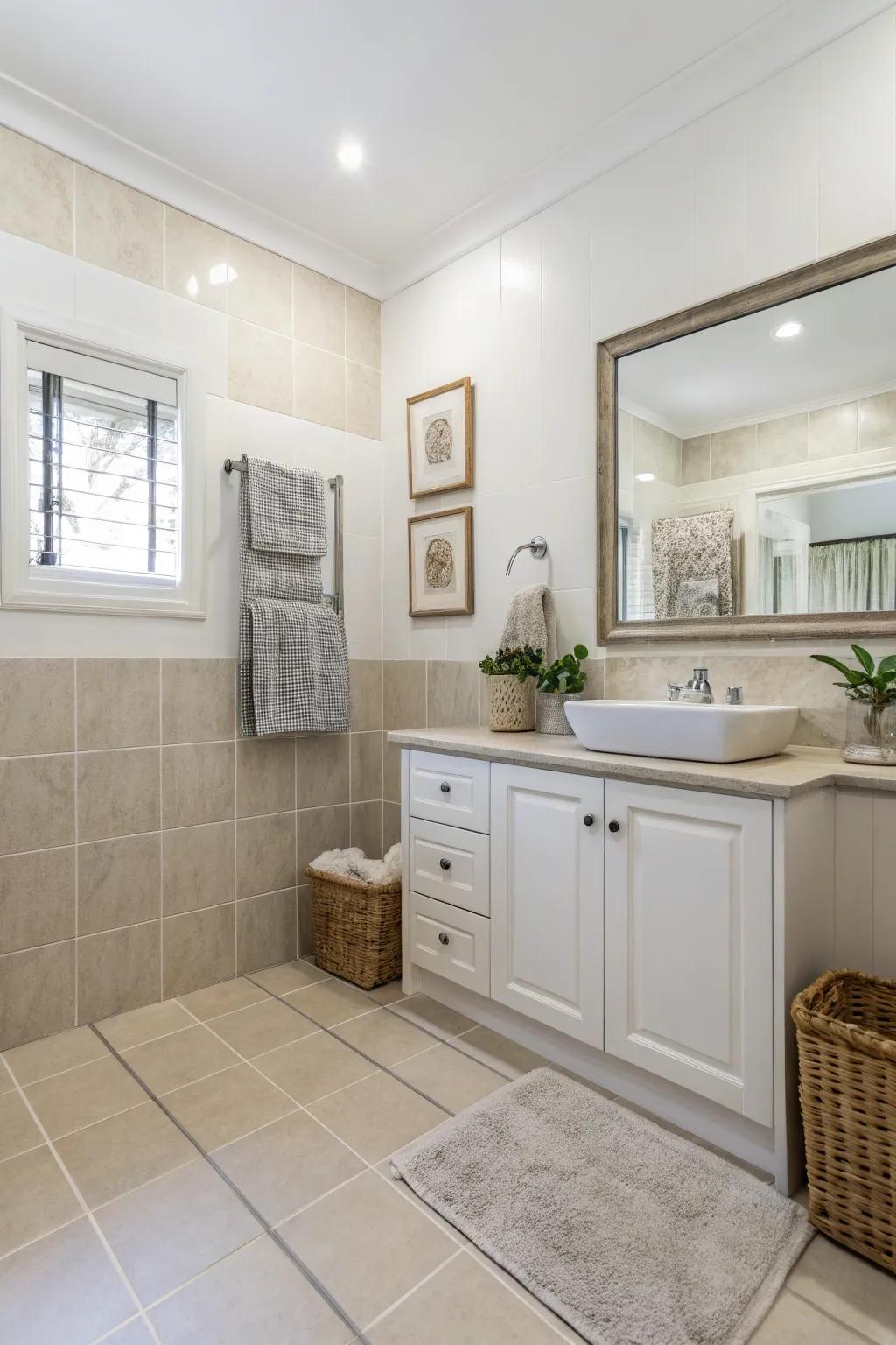 A bathroom styled with a neutral color scheme for a timeless appeal.