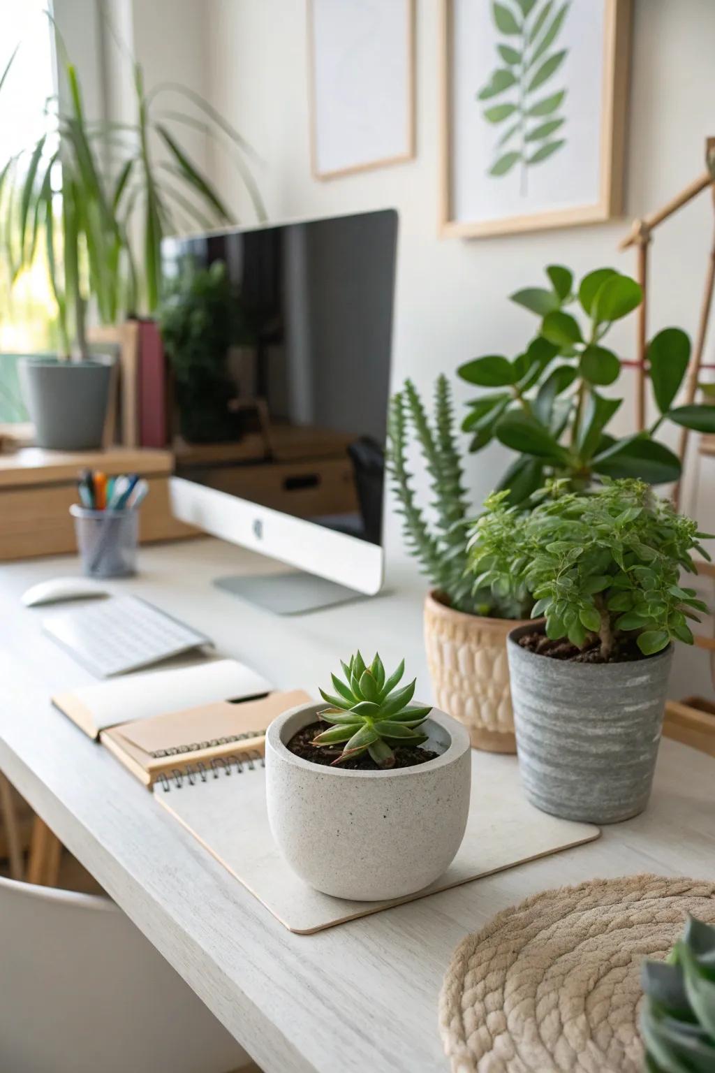 A succulent introducing a refreshing touch of green to a desk space.