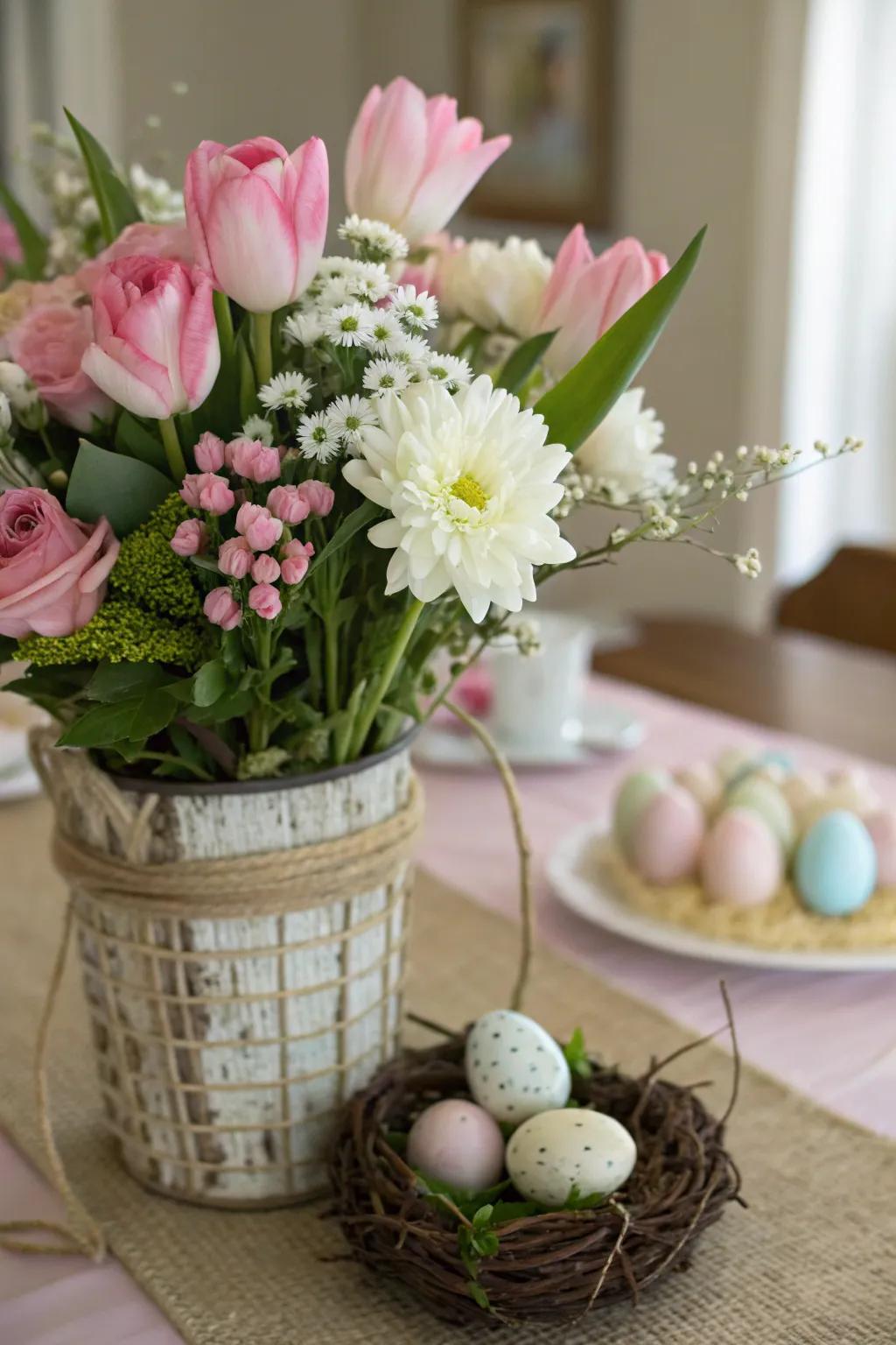 A fresh floral centerpiece welcomes spring to your Easter table.