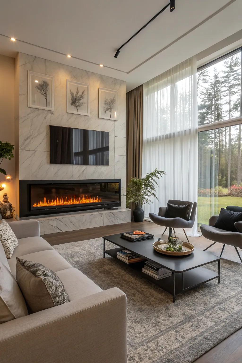A modern living area where an electric fireplace commands attention.