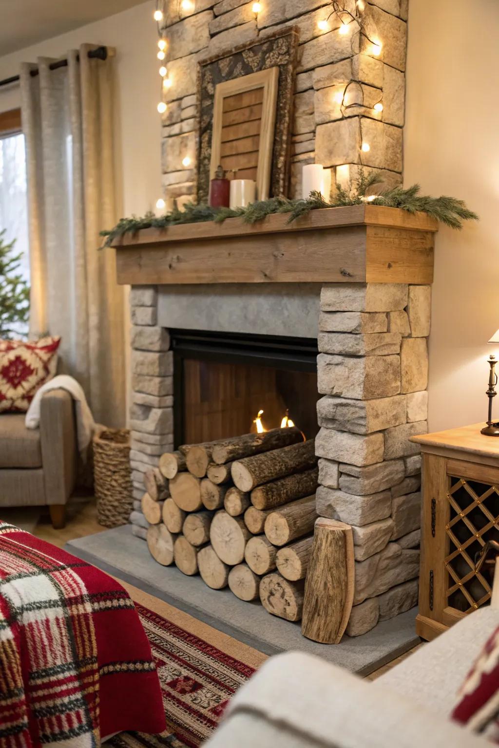 An artificial fireplace filled with carefully arranged birch logs.