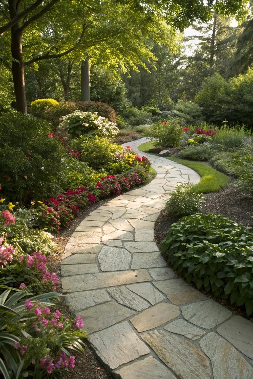 A gorgeous curvy slate path that guides through a peaceful garden scene.