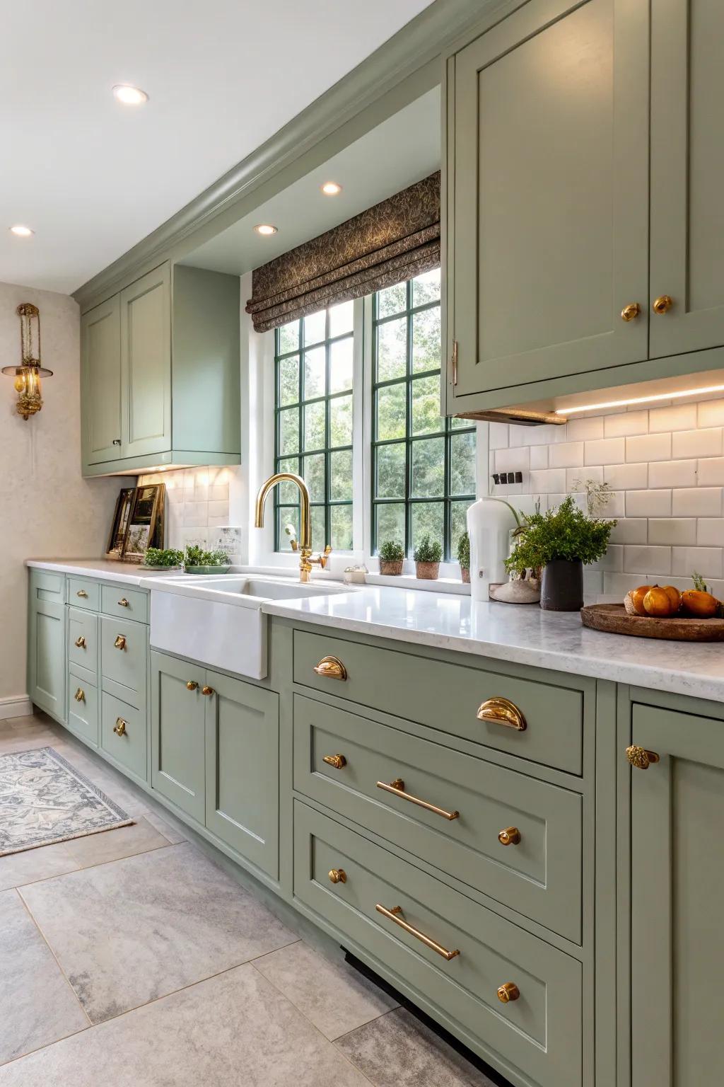 Elegant sage green cabinets combined with brass accents for a serene kitchen vibe.