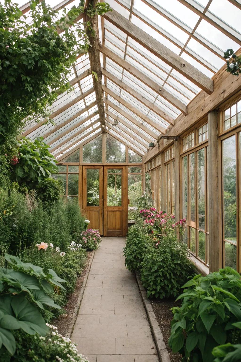 A classic greenhouse design using wood and glass, maximizing natural light.
