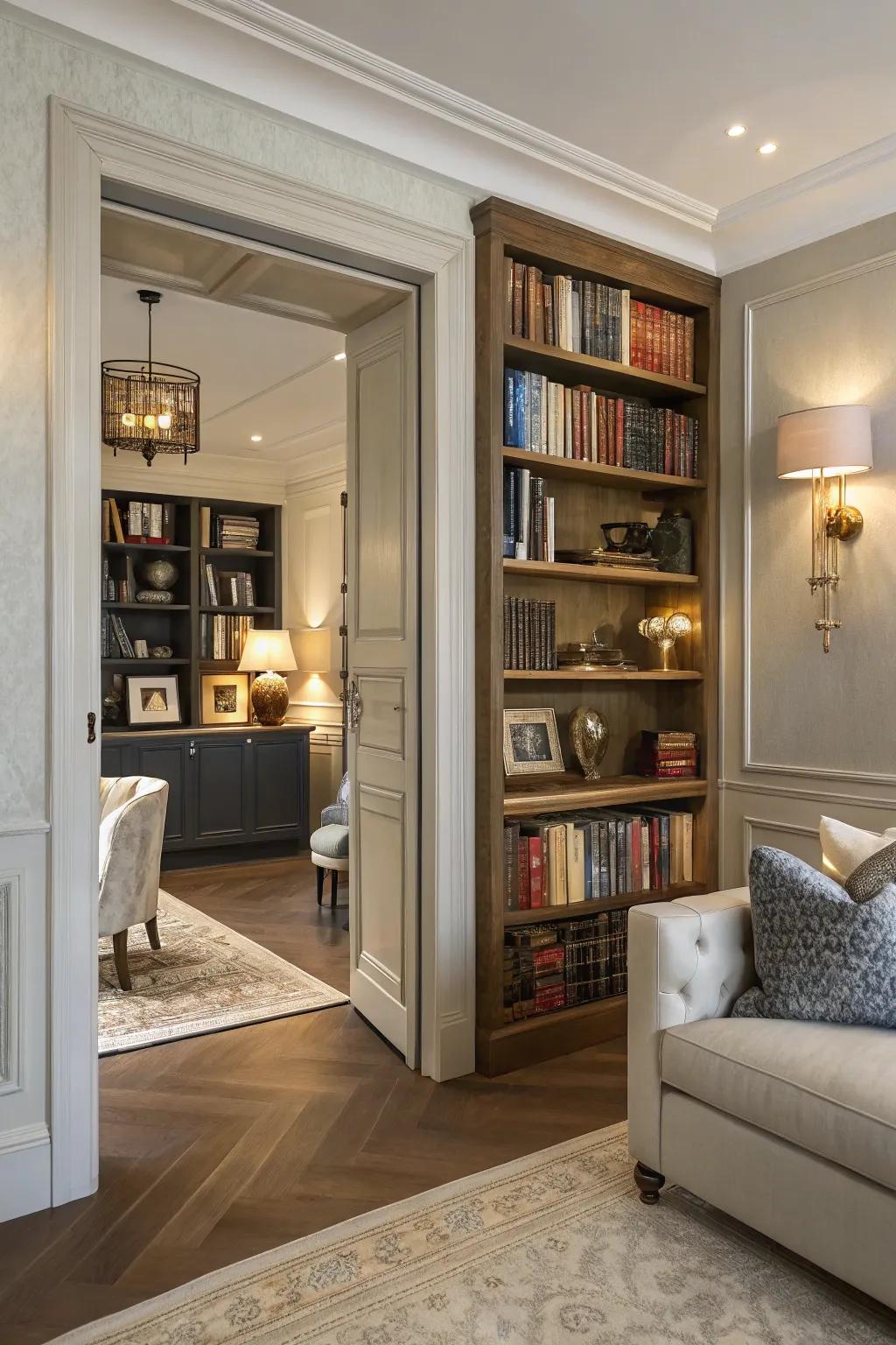 An elegant living space showcasing a secret door cleverly disguised as a bookshelf.
