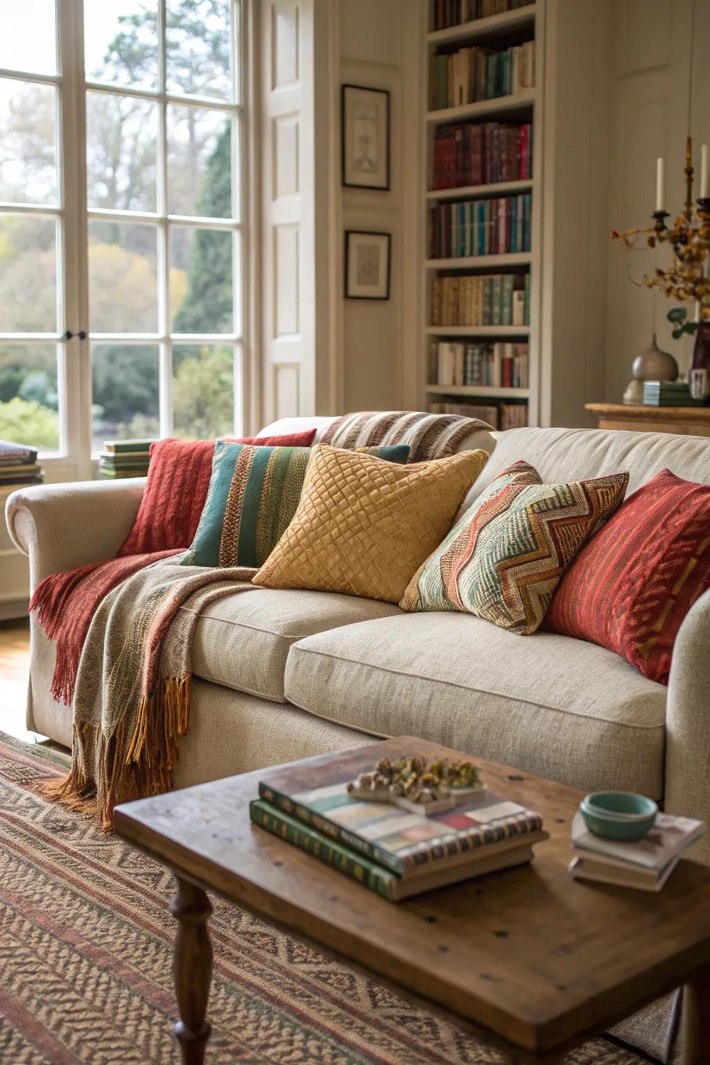 A chic living area showcasing how layered fabrics add warmth and depth.