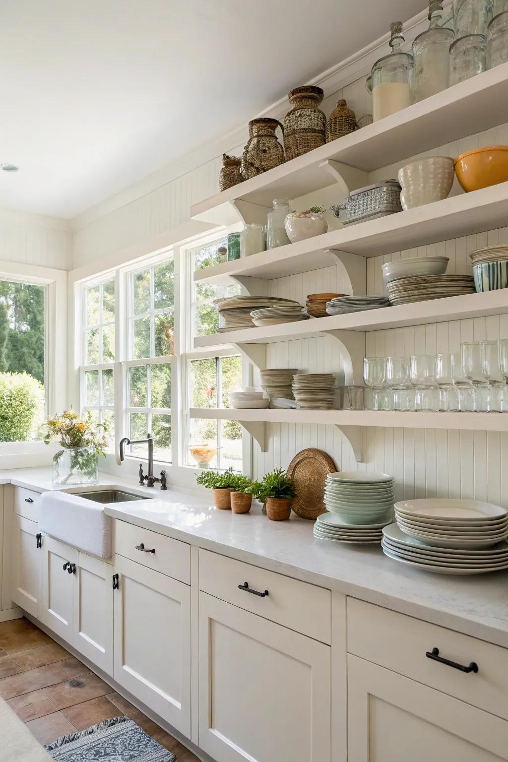 Open shelves showcasing essential kitchenware.