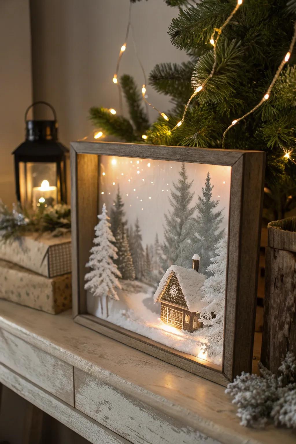 A cozy winter scene in a lighted shadow box
