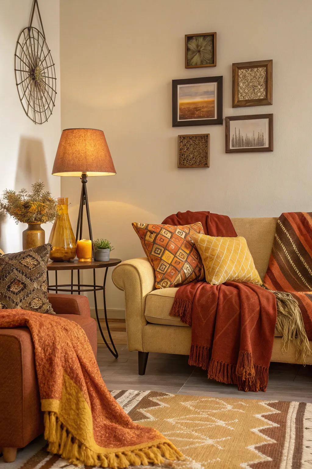 The warm shades of orange, brown, and yellow transform the living space into an autumnal getaway.