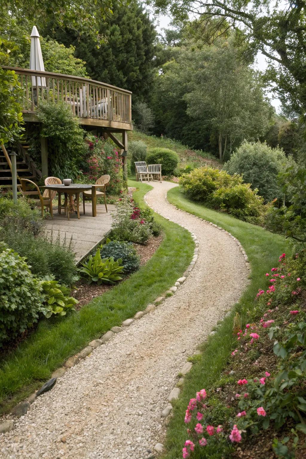 A stone path meanders through a garden, directing towards an elevated deck.
