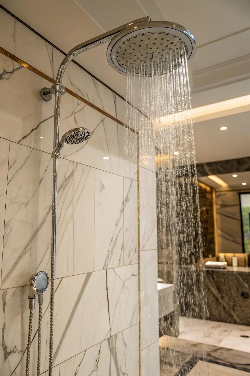 A shower showcasing white marble tiles, subtly veined for an upscale appearance.