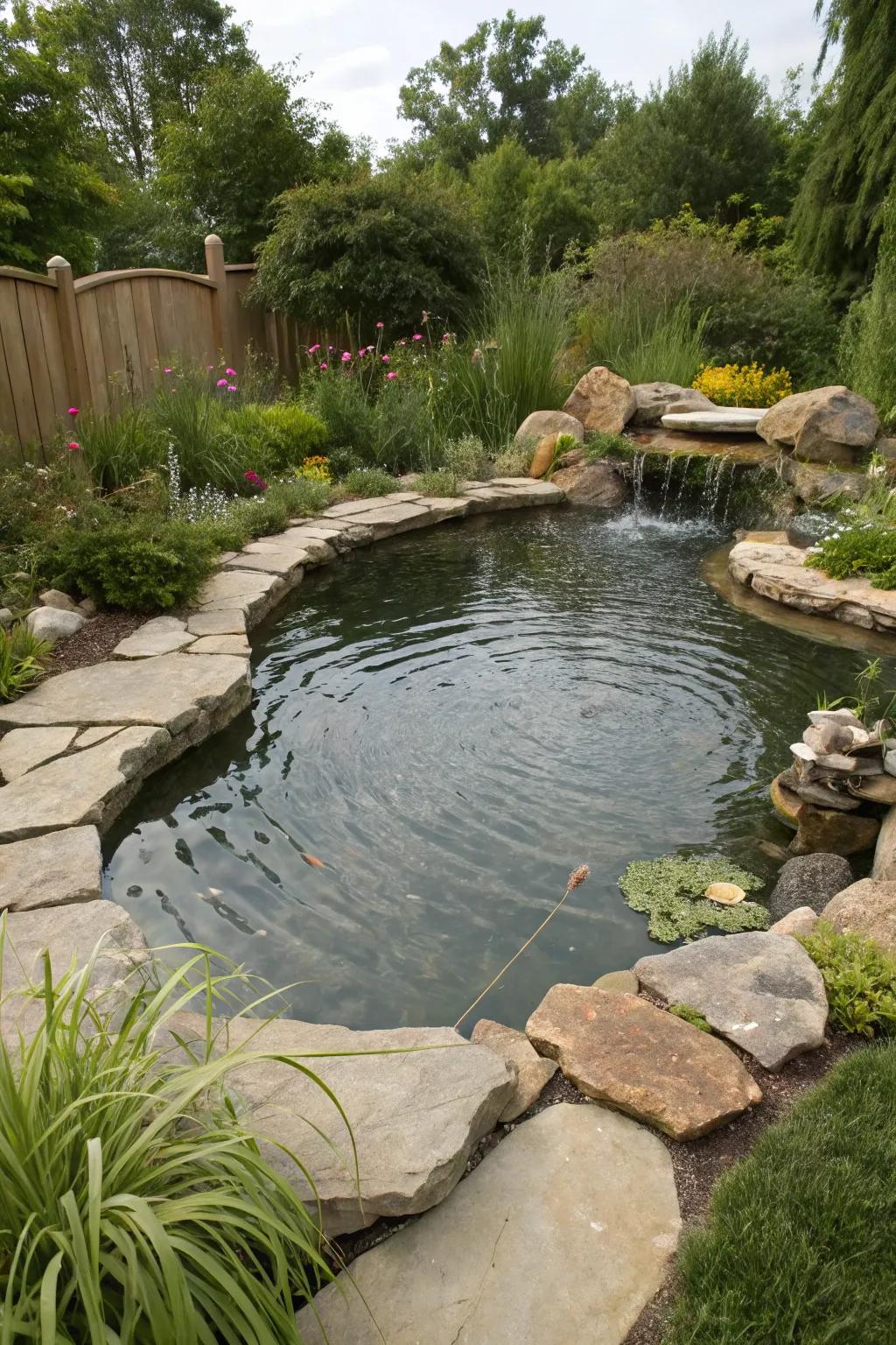 A pond featuring natural stone borders, harmonizing impeccably with its surroundings.