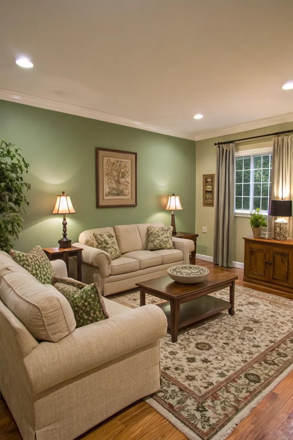 A living space showcasing a sage green focus wall as the main attraction.