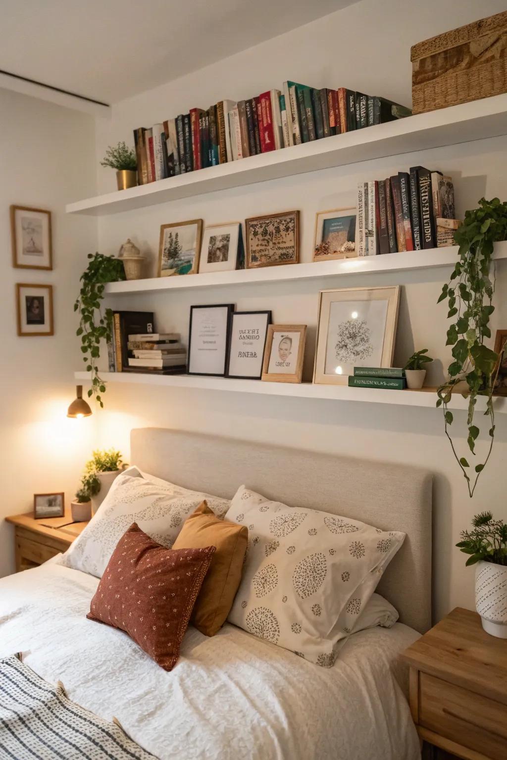 Wall-mounted ledges above the bed for convenient access to books and decorations.