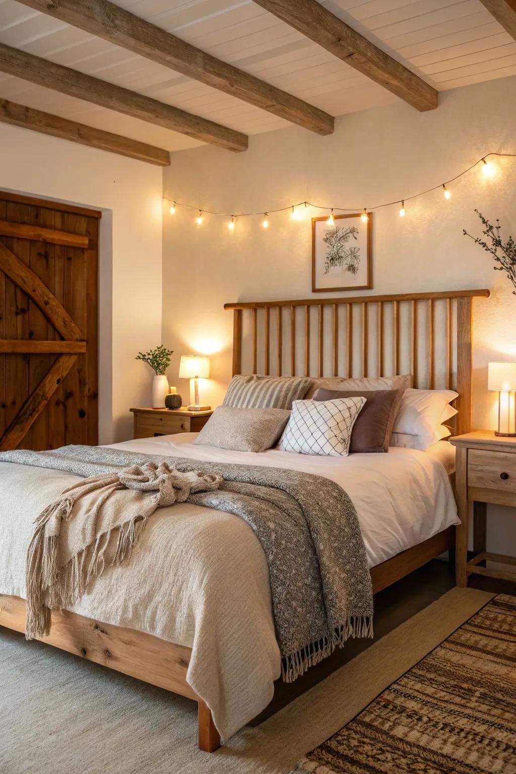 A serene sleeping space showcases a plank wall headboard, infusing the room with warmth and texture.