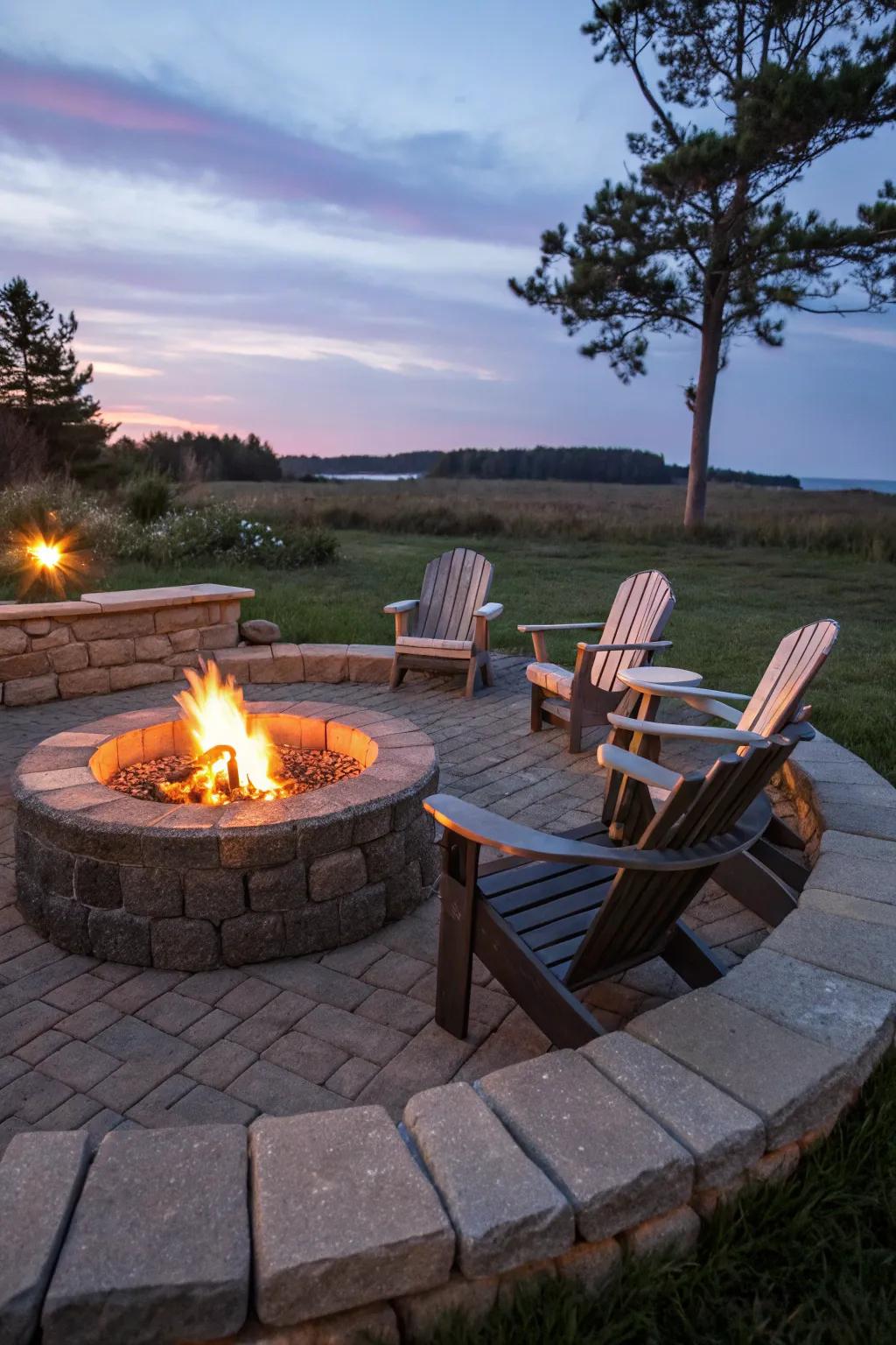 A quintessential circular stone fire pit complemented by relaxation chairs for a timeless aesthetic.