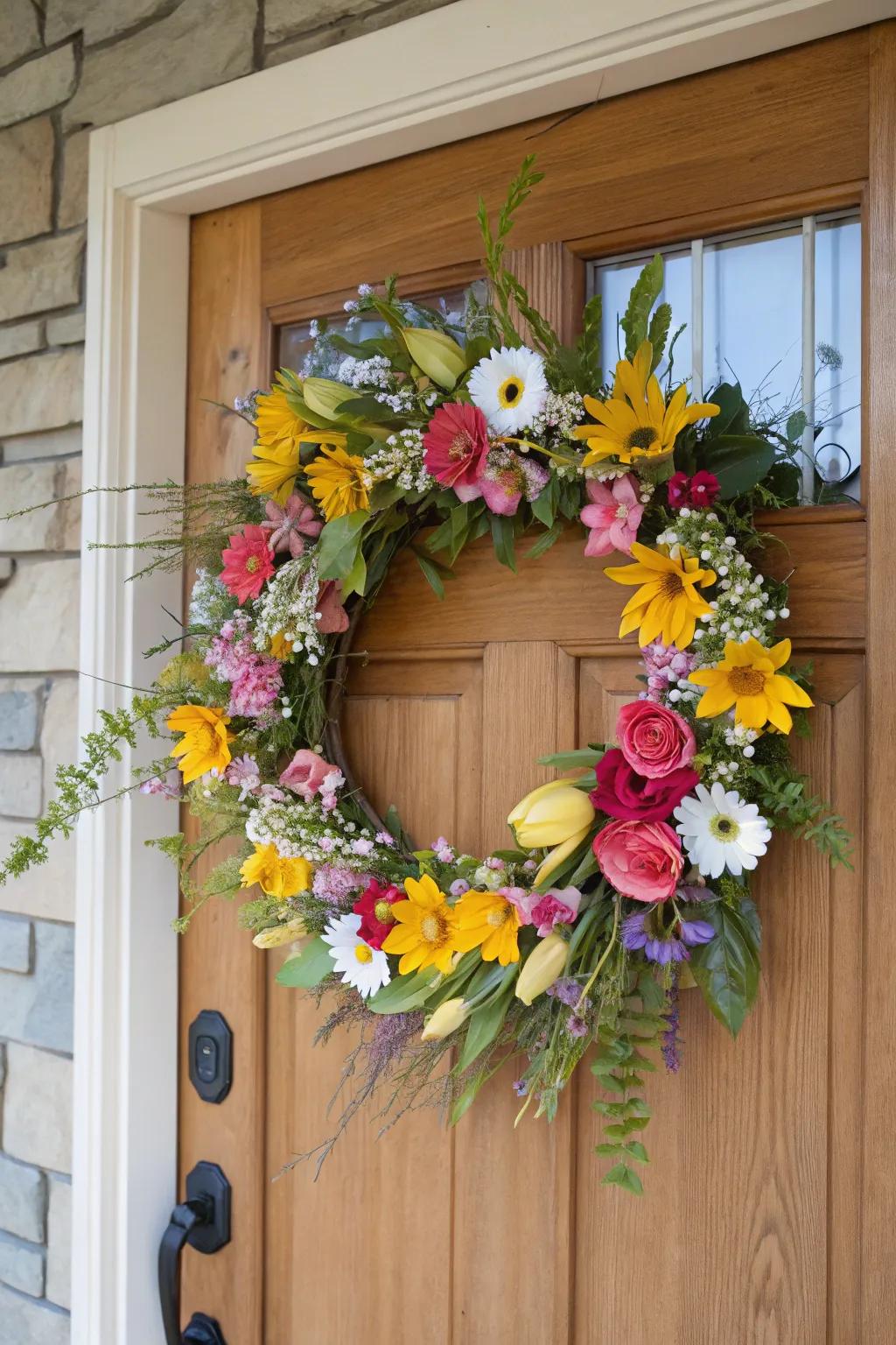 A colorful floral wreath brings a cheerful touch to any front door, perfect for spring.