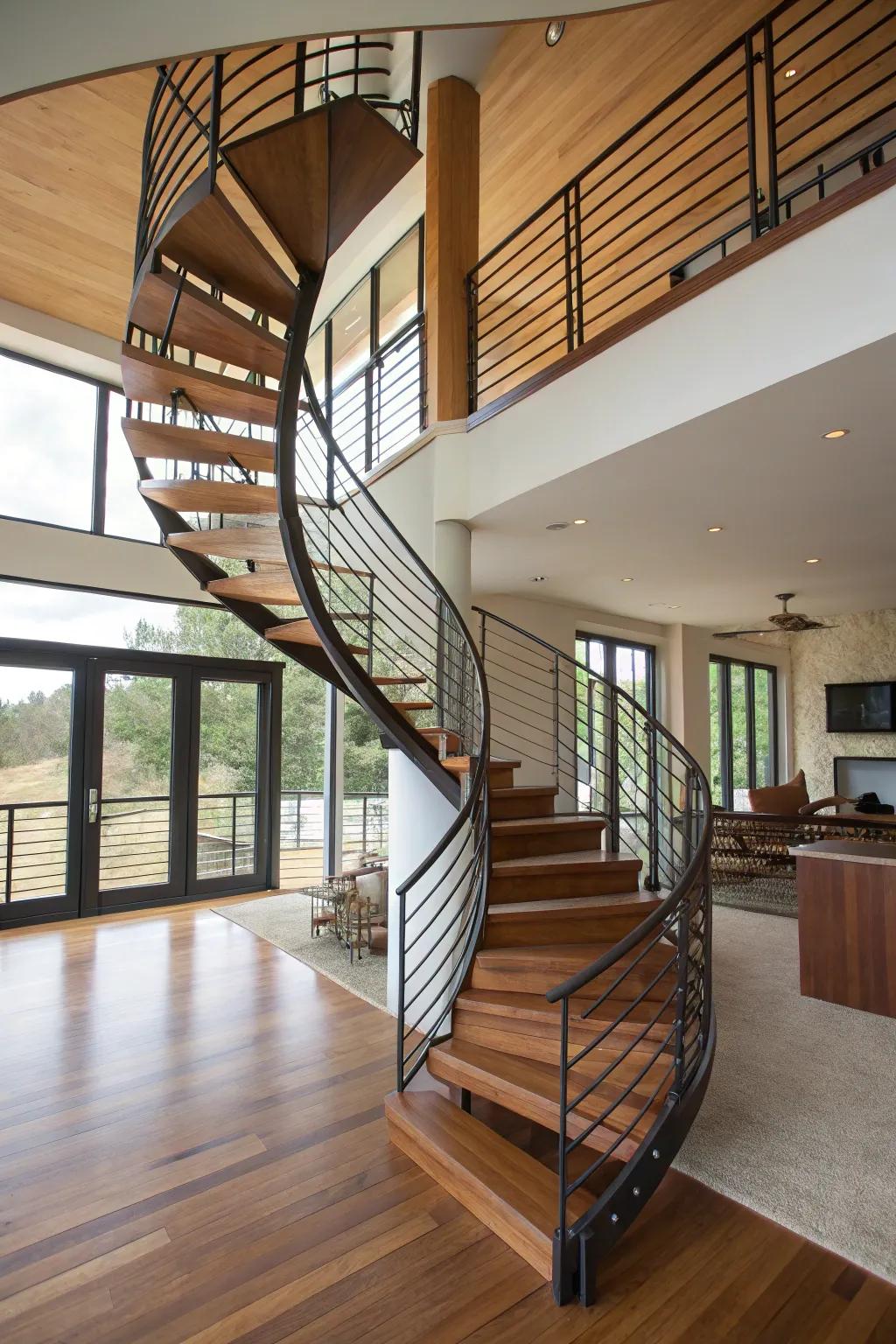 A bold spiral staircase acts as an impressive architectural focal point.