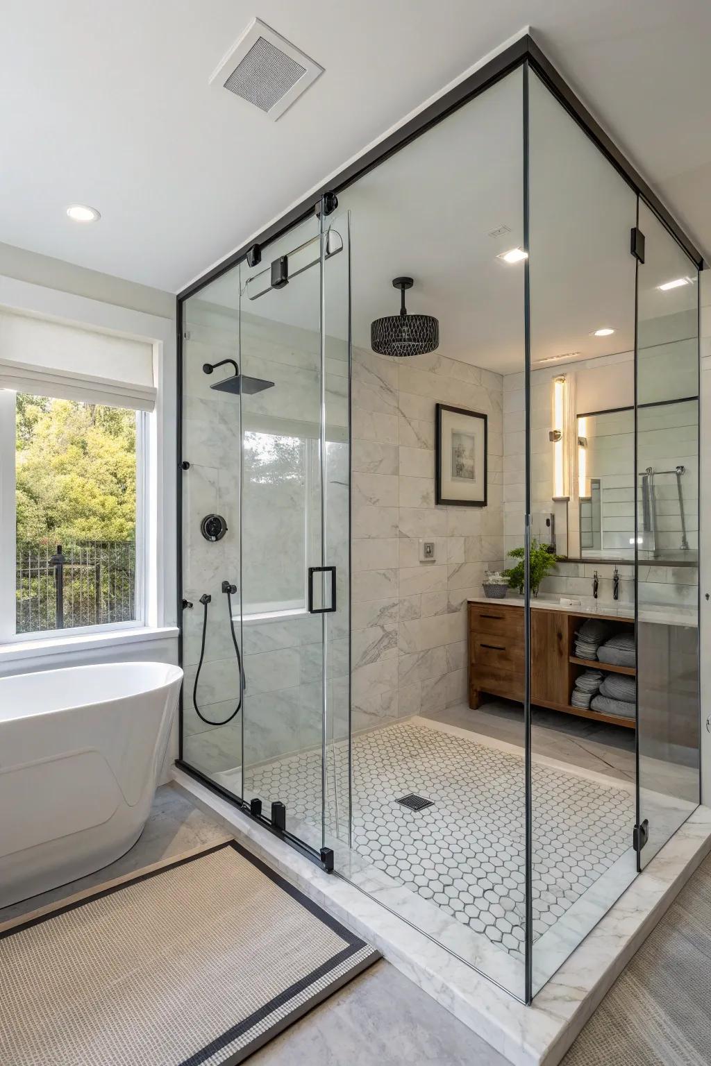 Open, airy walk-in showers amplify the sense of space in any bathroom.