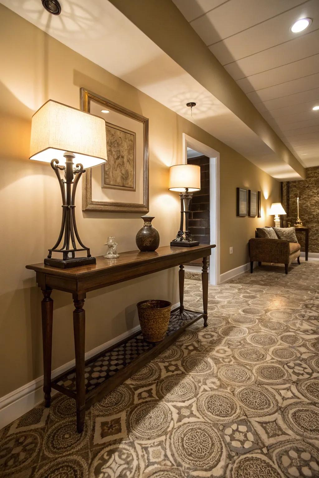 Upright and surface lamps contribute warmth and style to your basement.