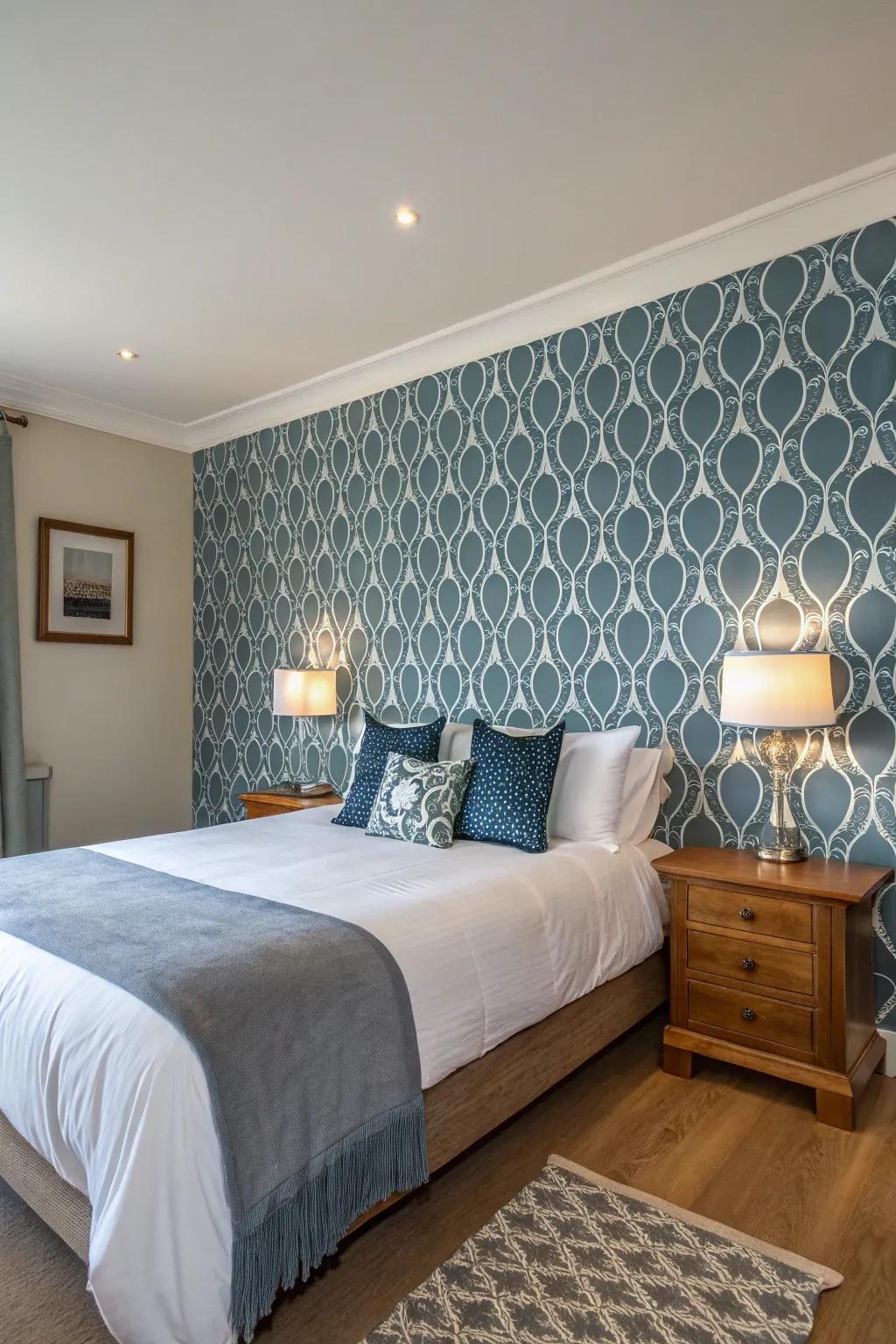 A bold accent wall with stylish wallpaper transforms this modern bedroom.
