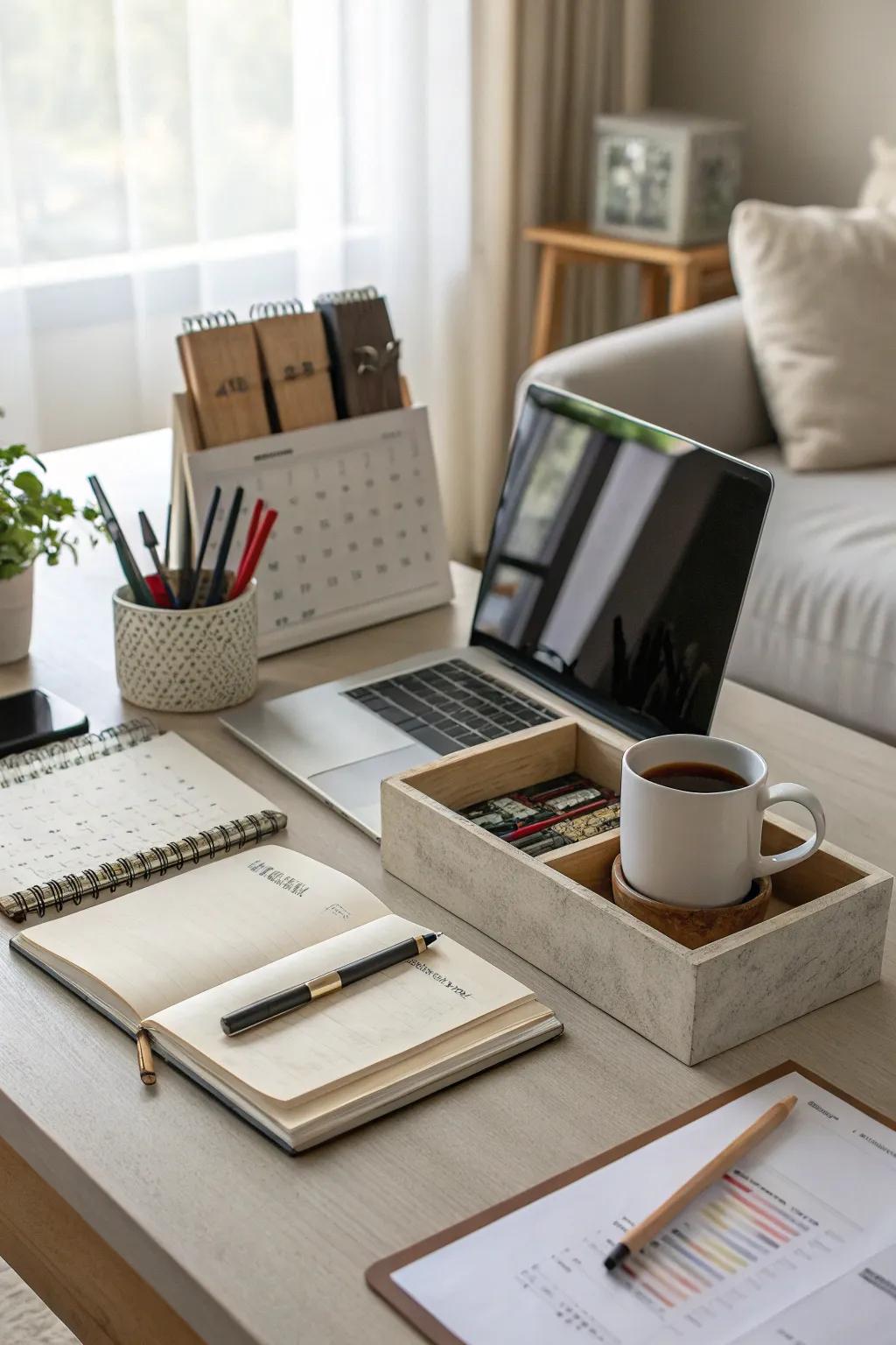 Practical accessories enhancing the desk's style.
