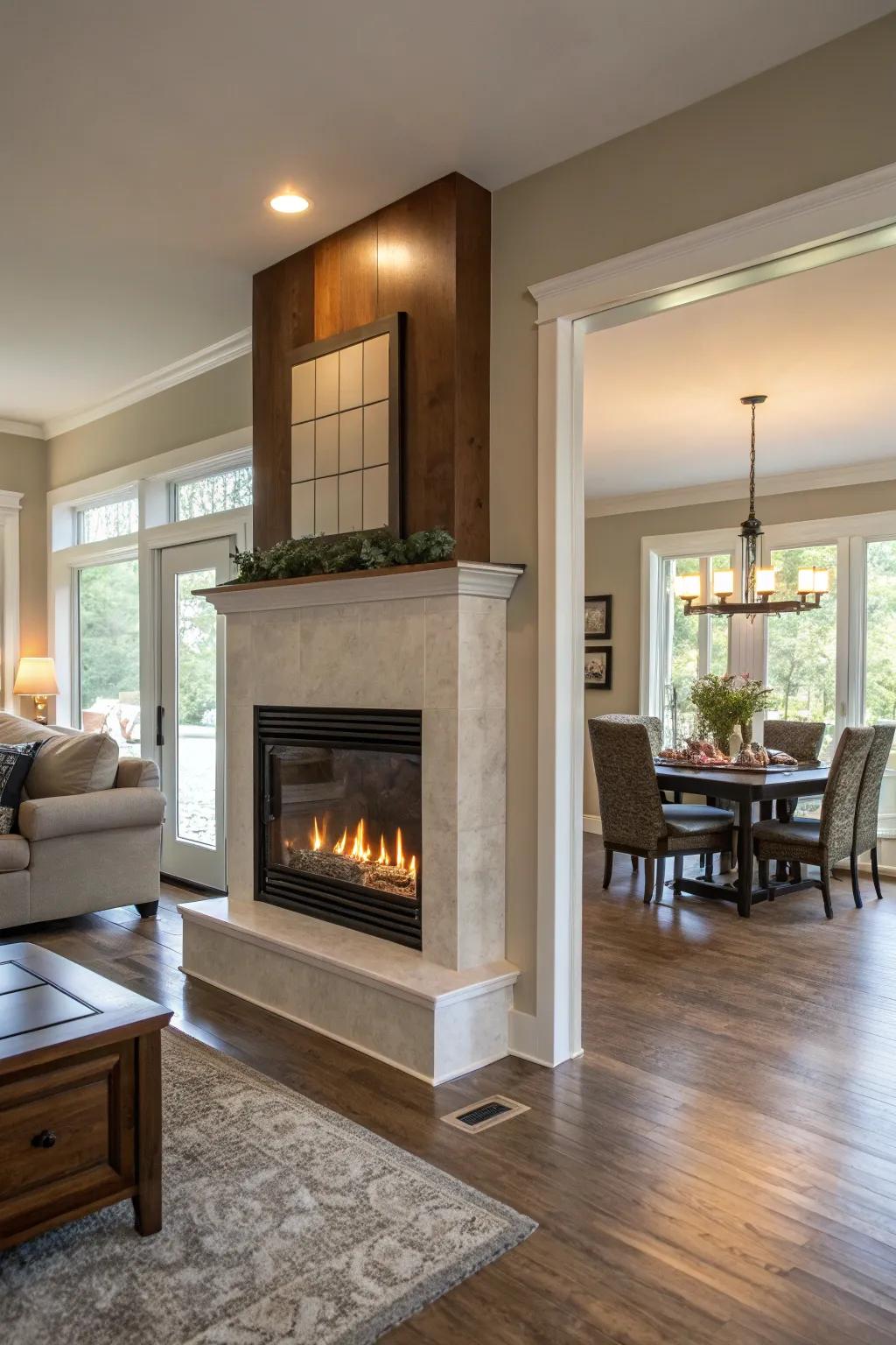 A two-sided fireplace adding warmth and style across areas.