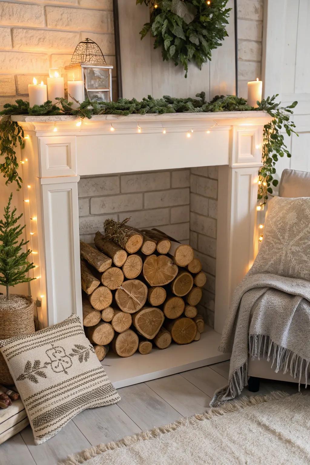 An artificial fireplace showcasing an eco-friendly wood slice display.