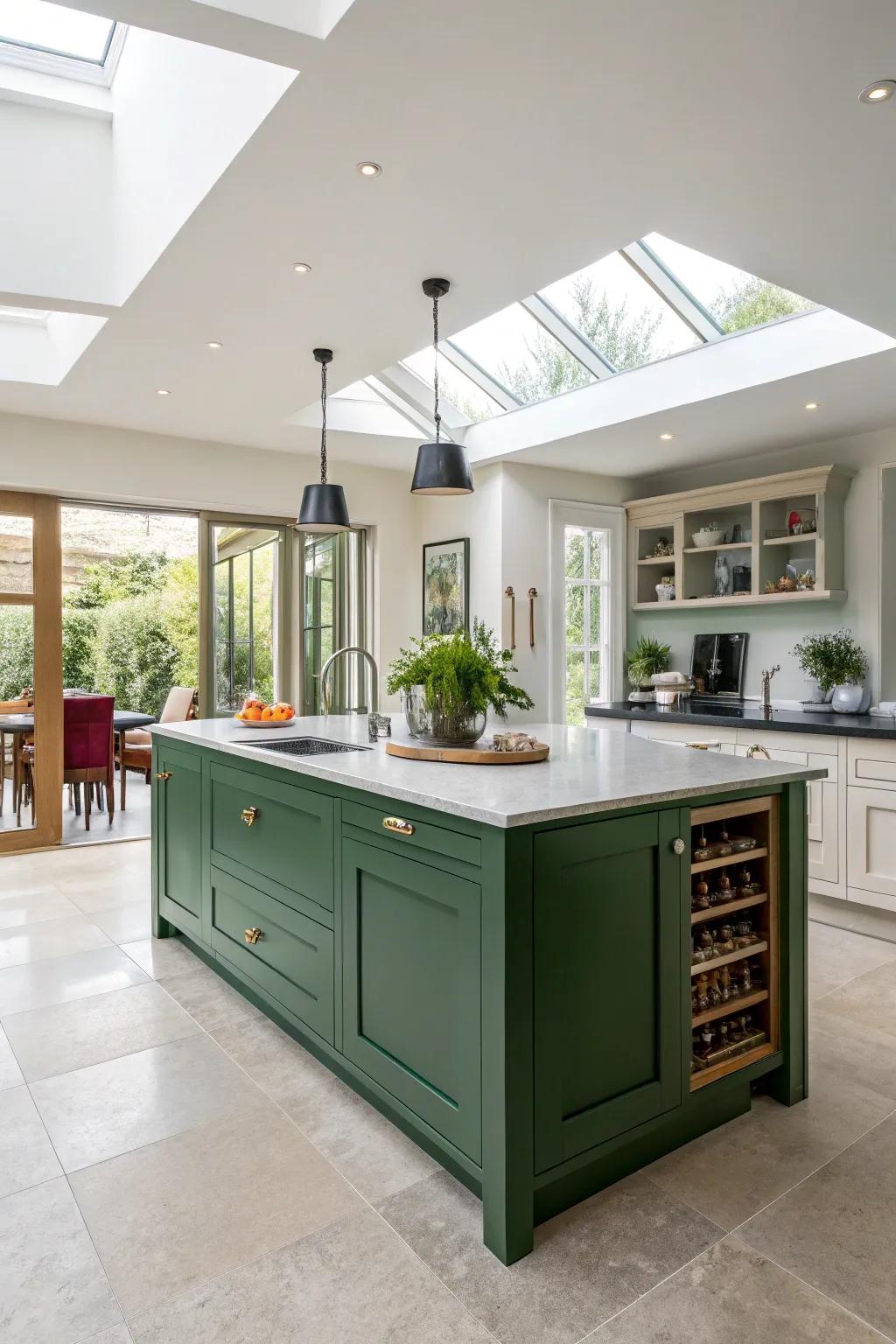 A green island serving as a stunning centerpiece within an open kitchen layout.