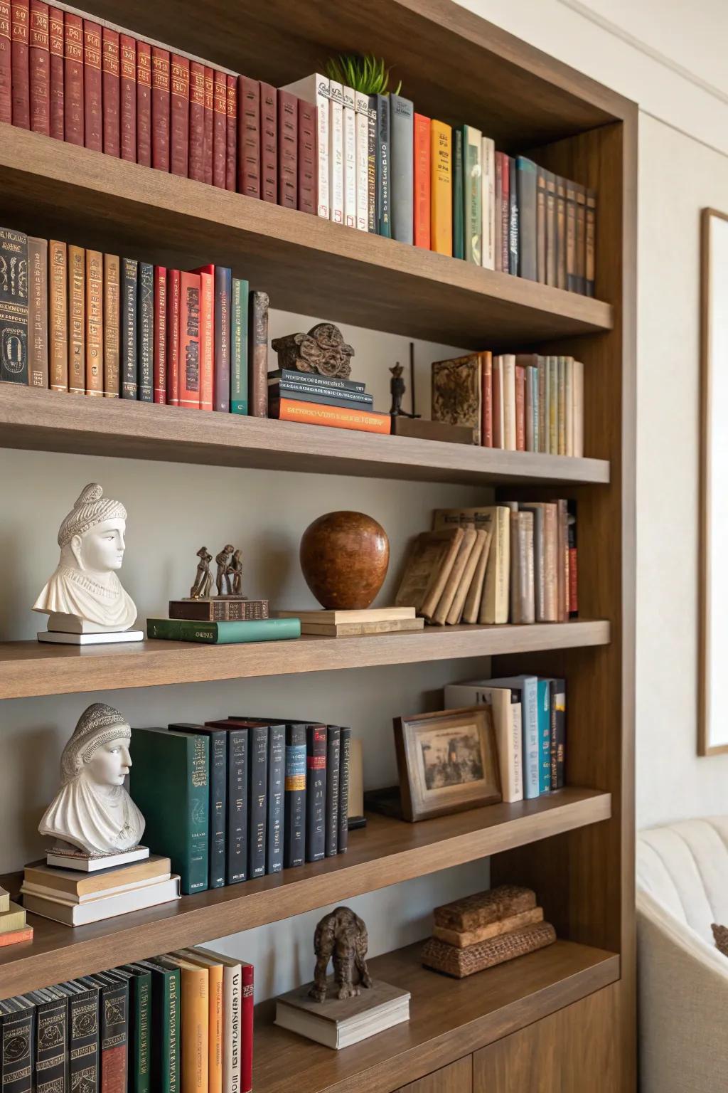 A bookshelf decorated with books and artistic sculptures.
