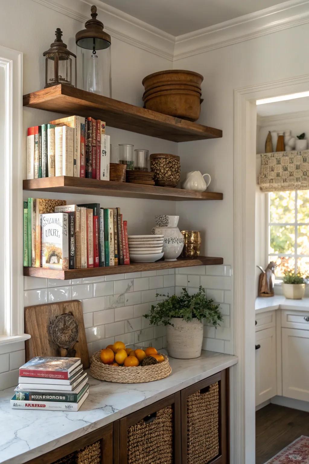 Effective utilization of corner space using L-shaped shelves.