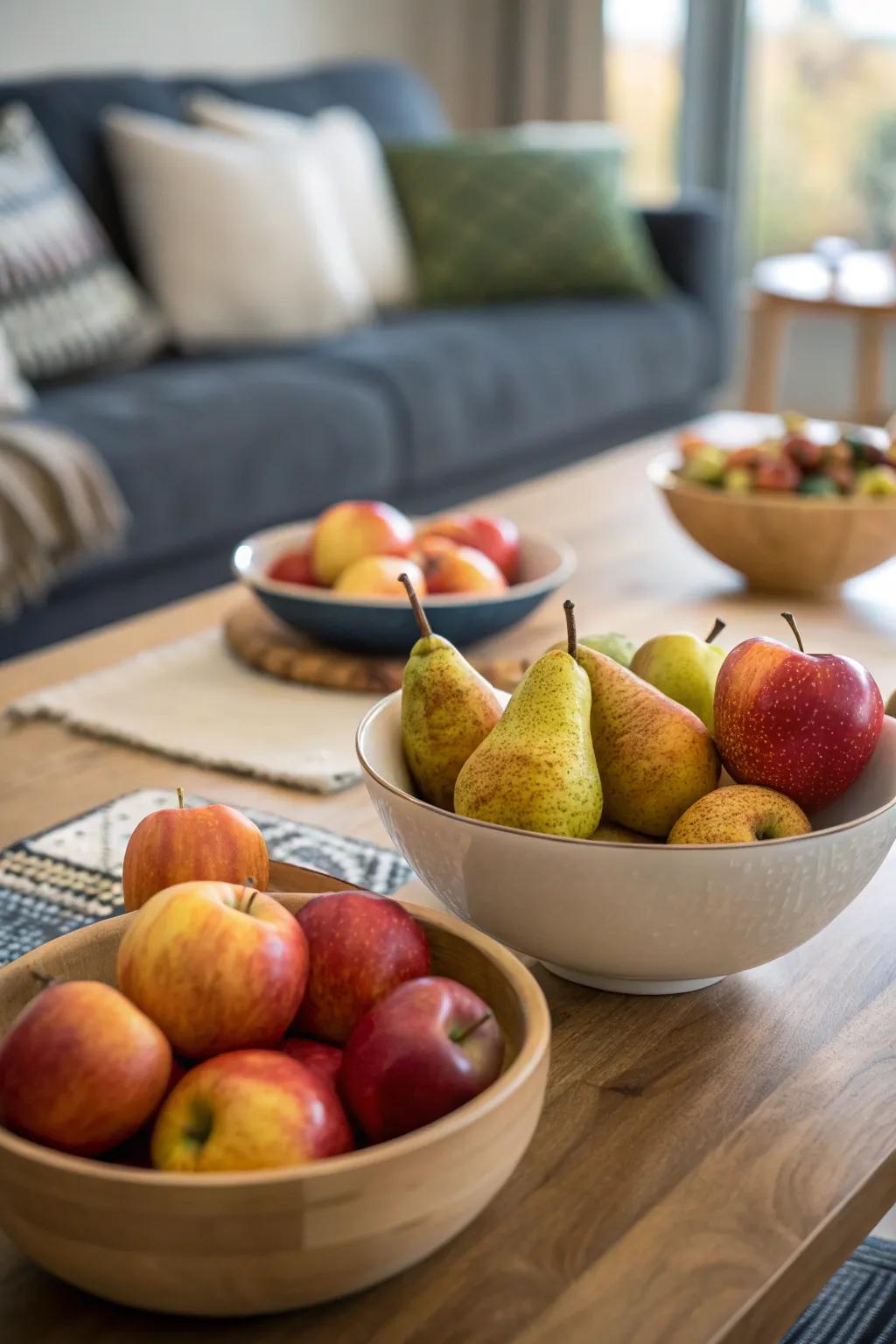 Consumable decorations of fruit contribute splendor and functionality to the setting.