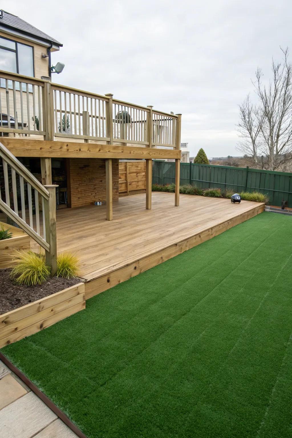 Artificial turf providing a lush surface around an elevated deck.