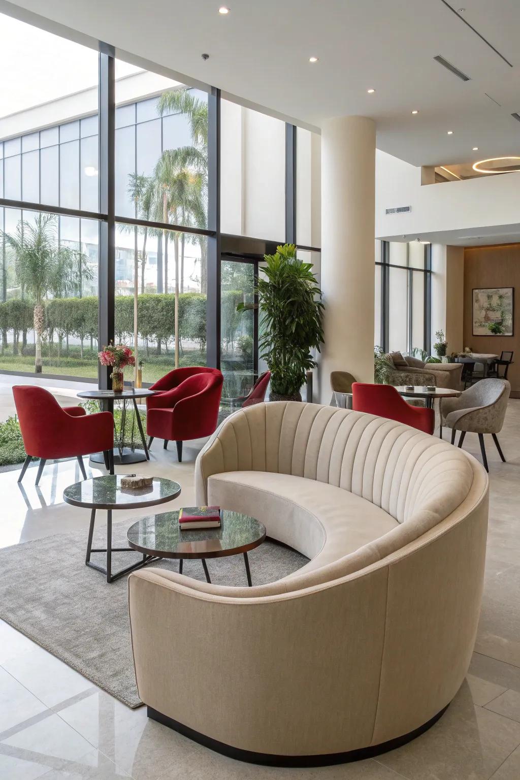 A modern interior featuring curved furniture for elegance.