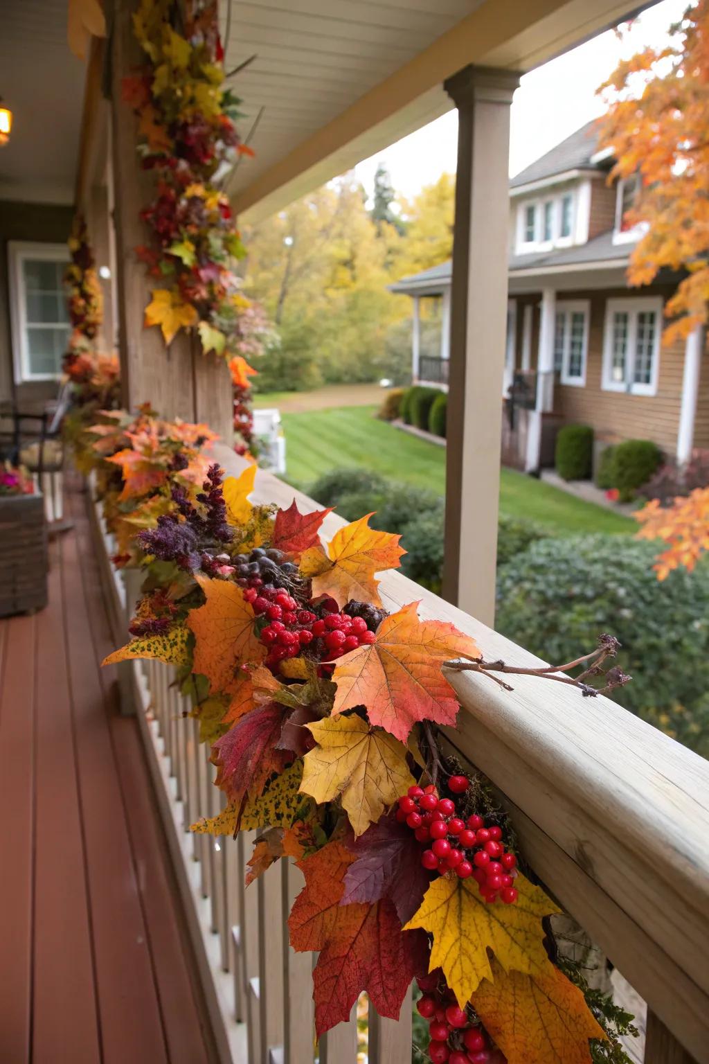 A garland of foliage and berries adds a festive touch to the porch.