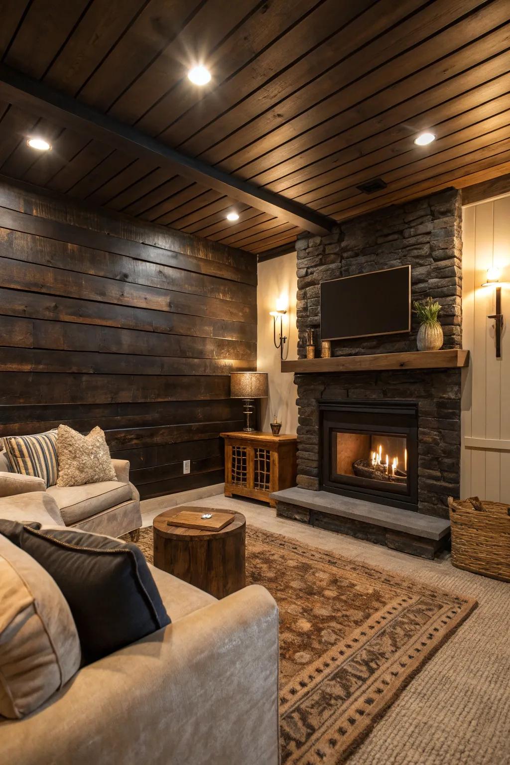 A cozy study with dark wood plank walls brings sophistication.