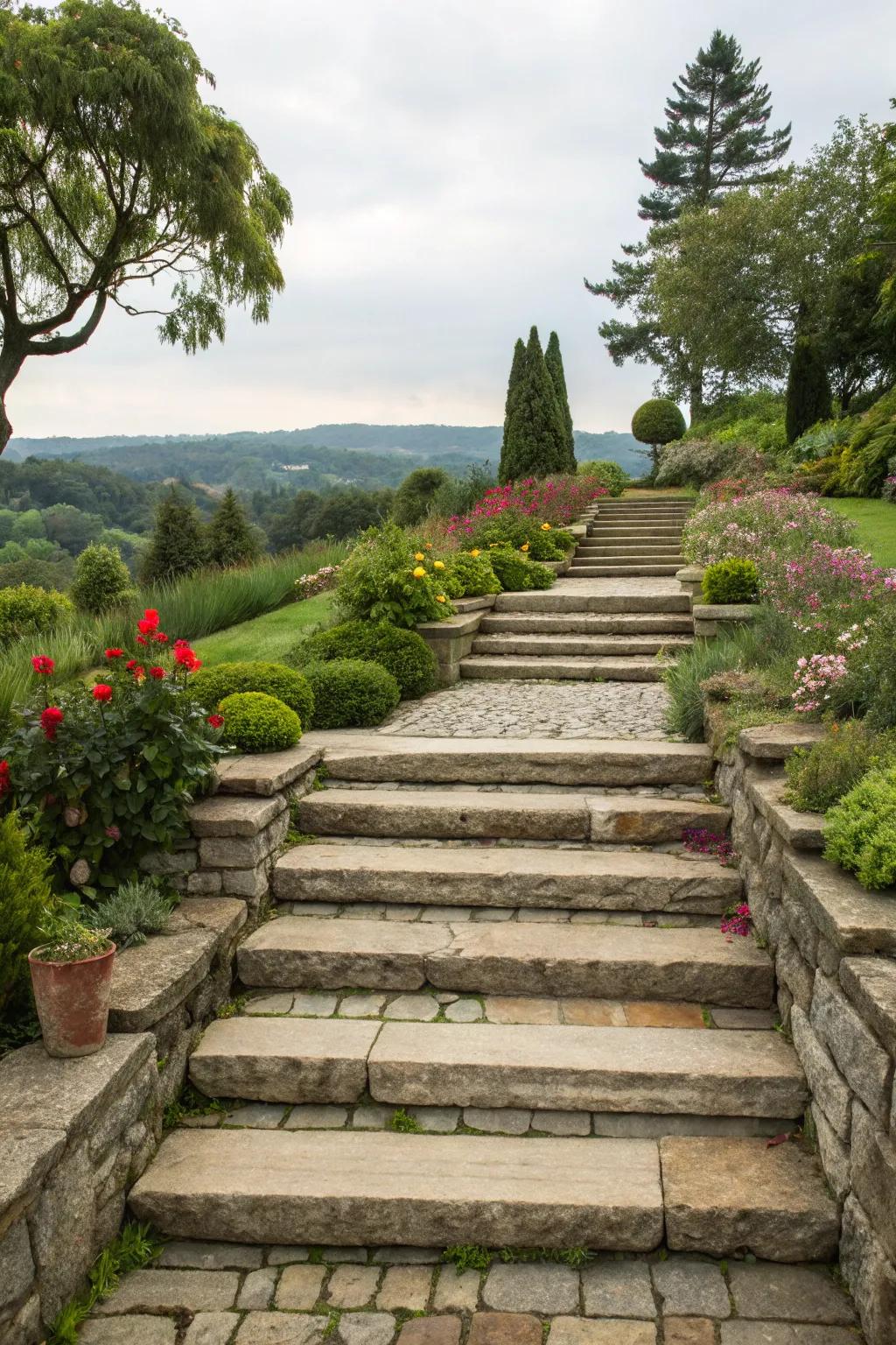 Raised stone stairways bring depth and dimension to your garden.