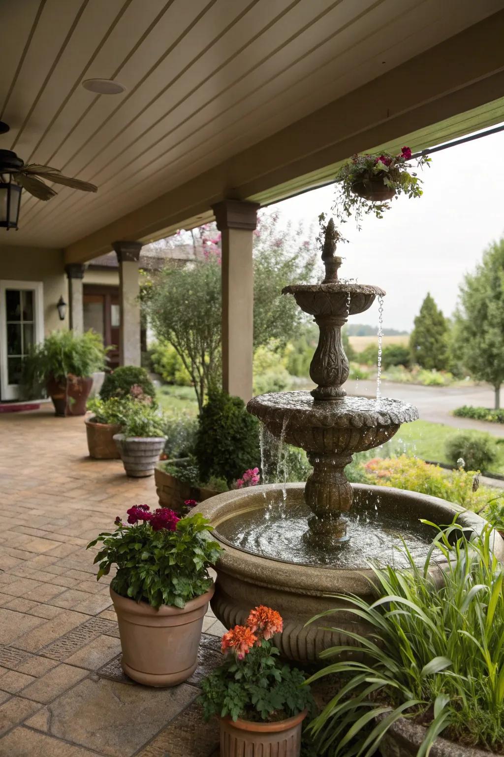 A water feature adds tranquility to your patio setting.